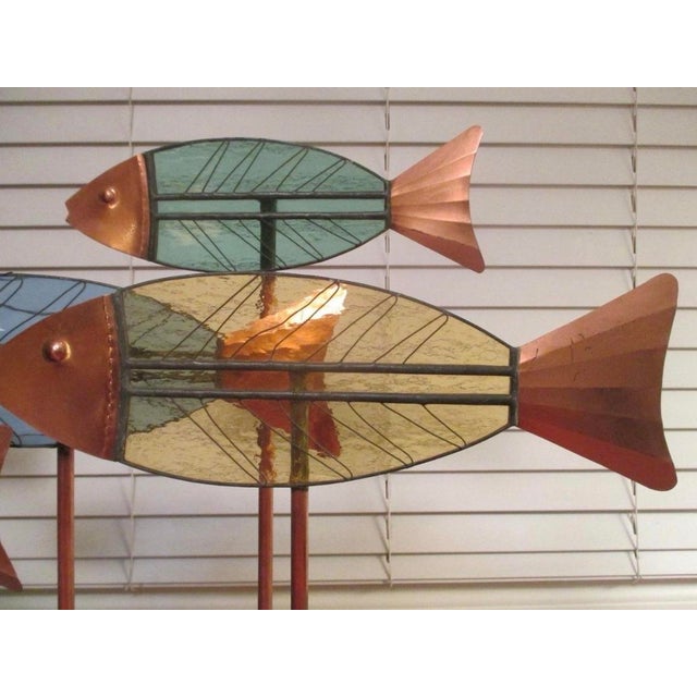 Copper Vintage Leaded Slag Glass and Copper School of Fish Sculpture Styled Alter Curtis Jere For Sale - Image 8 of 10
