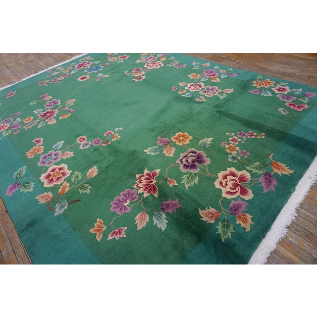 Green 1920s Green Floral Modern Antique Chinese Art Deco Rug 8' 8"x11' 4" Handknotted Wool Carpet For Sale - Image 8 of 13