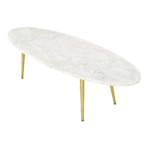 White Oval Carrara Marble Top Italian Mid-Century Modern Coffee Table Brass Legs