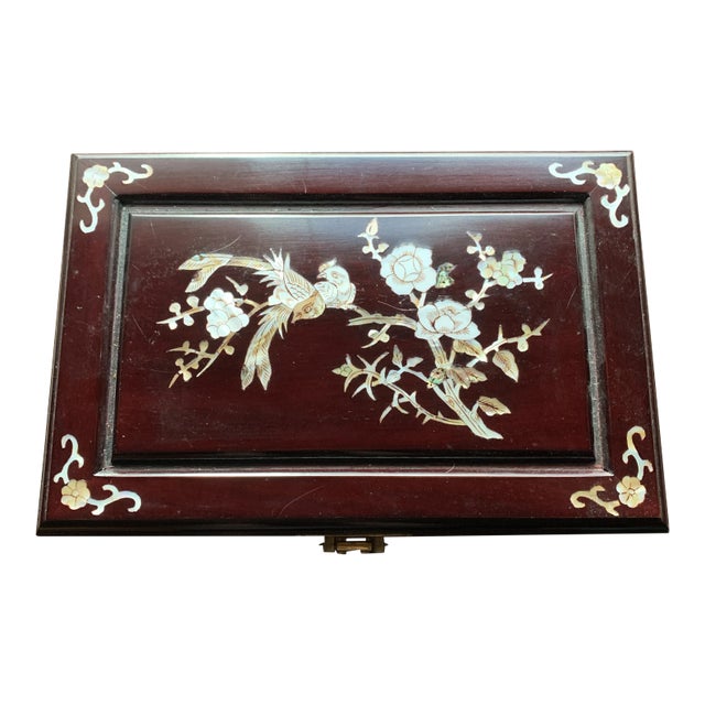 Late 20th Century Vintage Asian Wood Jewelry Box With Mother of Pearl Design For Sale