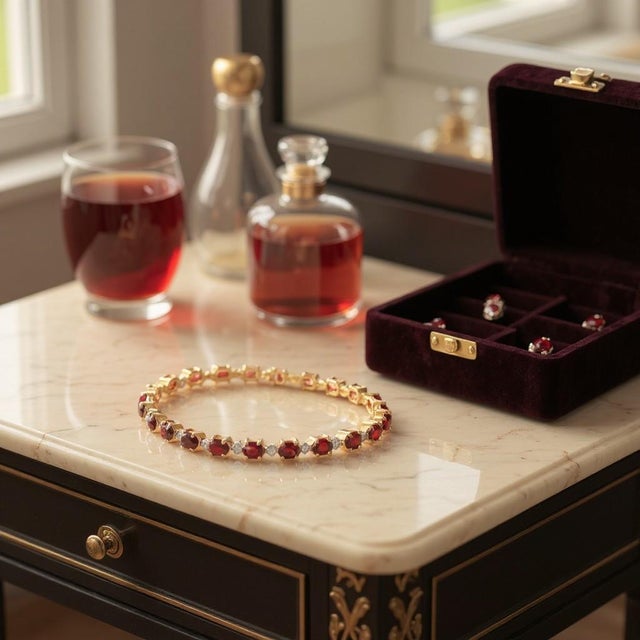 14k Yellow Gold Garnet and Diamond Vintage Stacking Bracelet For Sale - Image 4 of 9