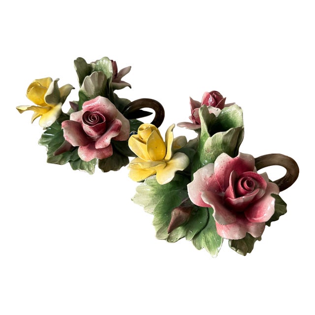 Mid-Century Italian Capodimonte Ceramic Flower Candlestick Holders With Finger Loops-Set of 2 For Sale