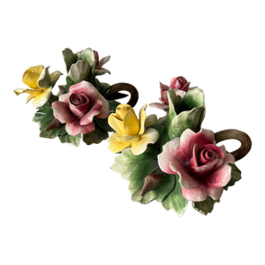 Mid-Century Italian Capodimonte Ceramic Flower Candlestick Holders With Finger Loops-Set of 2