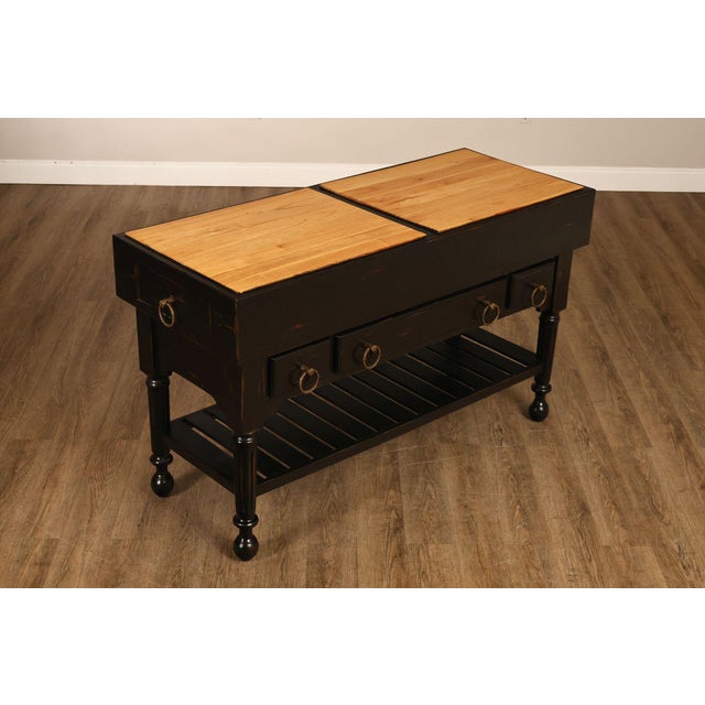 High Quality Distress Painted Butcher Block Style Kitchen Island with Assortment of Dovetailed Drawers Over Slatted Shelf,...