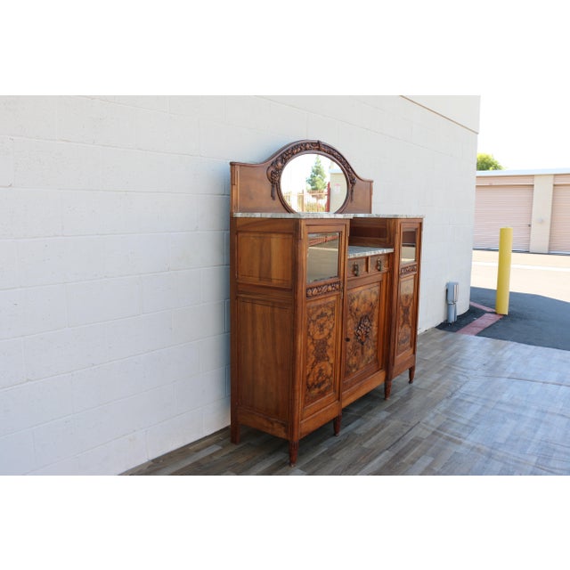 Art Deco Antique French Art Deco Buffet Sideboard With Beveled Mirror & Marble Top | Burl Wood Credenza | Early 20th Century For Sale - Image 3 of 18