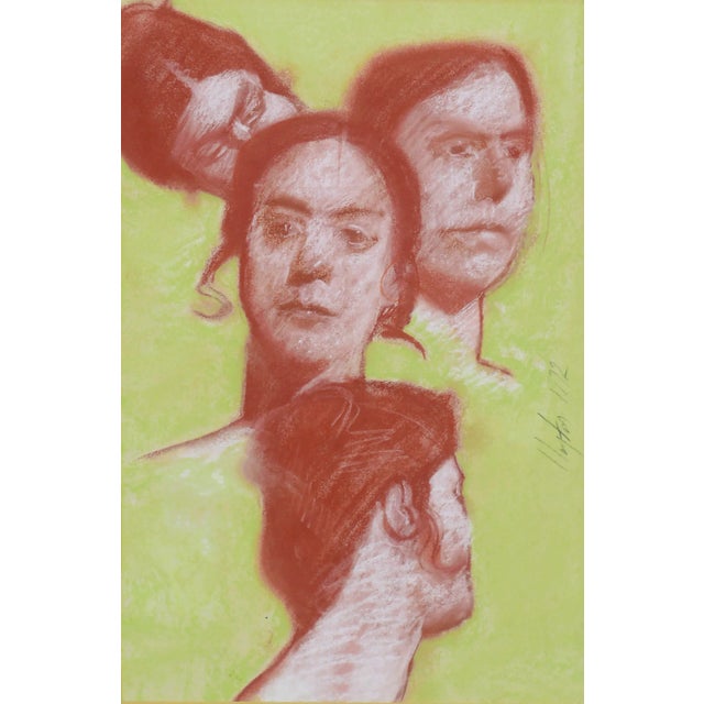 Red and green pastel portrait study of four faces in different poses, one male and one female, by Visionary artist Clayton...