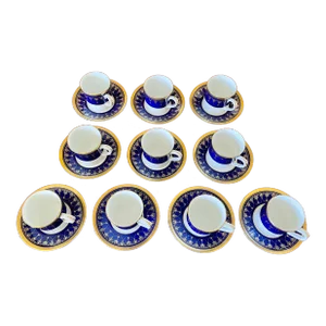 1980s Royal Worcester Imperial Bone China 22 Karat Gold Cobalt Blue Demitasse Coffee Cup & Saucers Set- 20 Pieces