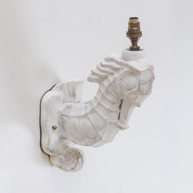 French 1950s Pair of Large Plaster Seahorse Wall Sconces For Sale - Image 3 of 11