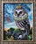 In "The King's Prey," an owl adorned with a regal crown and a ruffled collar perches atop a tree stump, embodying a...
