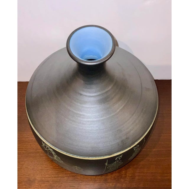 Stylish Studio A Home Italian Wide Etruscan Vase, cream Figural design on a black ceramic vase, showroom floor sample