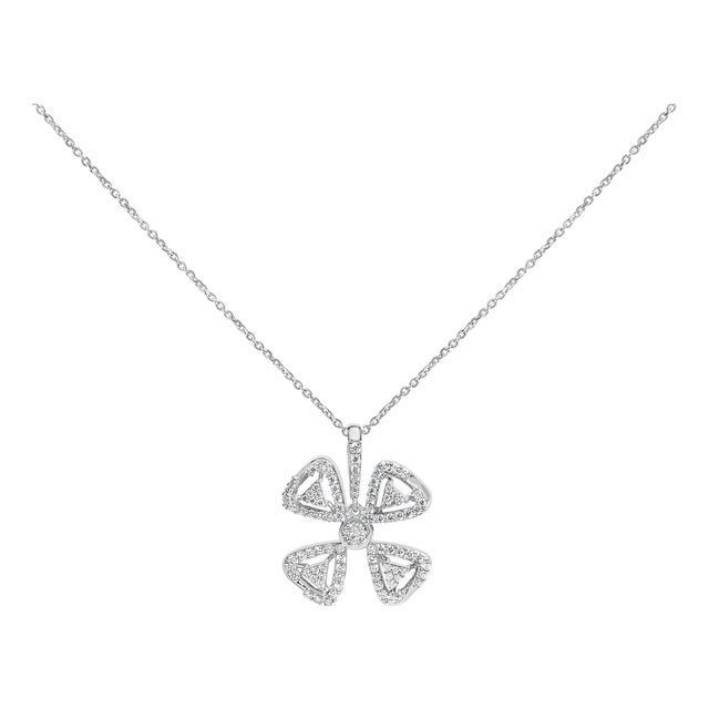 14K White Gold 5/8 Cttw Diamond 4 Leaf Floral Pendant Necklace (H-I Color, I1-I2 Clarity) - 18" Inches For Sale