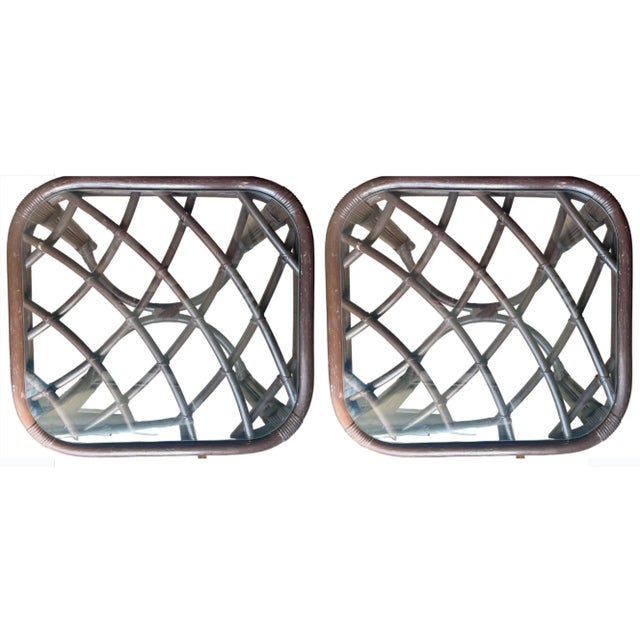 Pair Bamboo side Tables, Vintage Top is 26x24 Tall 21 These have been painted dark brown, not cure if this is original...