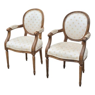 1990s Century Furniture Louis XVI Oak Open Arm Chairs Fauteuils for Reupholstery, a Pair For Sale