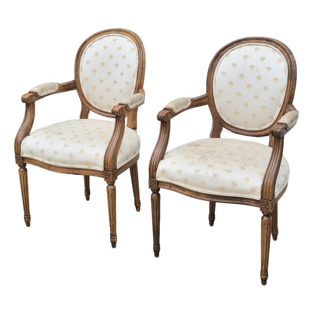 1990s Century Furniture Louis XVI Oak Open Arm Chairs Fauteuils for Reupholstery, a Pair For Sale