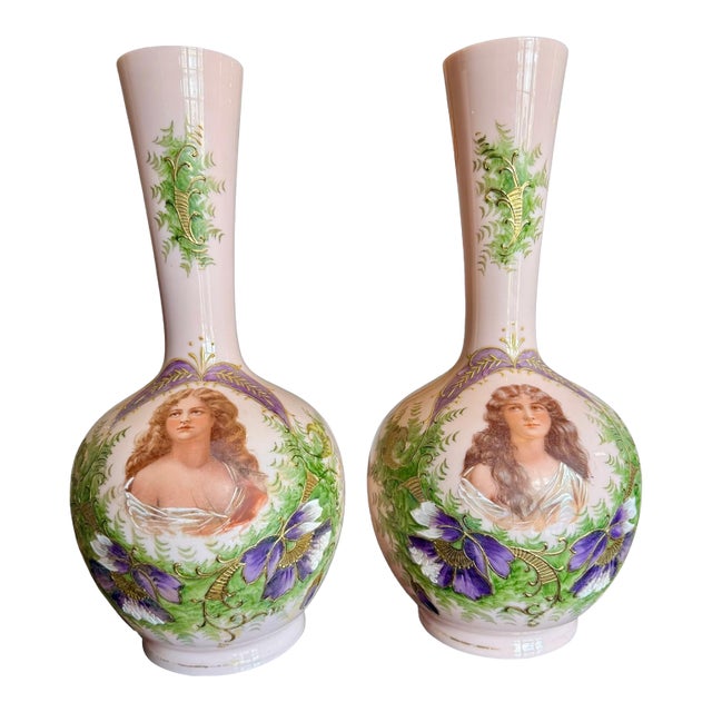 Antique Austrian Portrait Vases Pair-Art Nouveau-Pink Enamel-Maiden-Porcelain For Sale