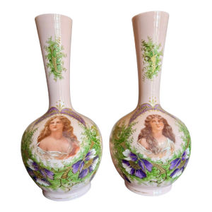 Antique Austrian Portrait Vases Pair-Art Nouveau-Pink Enamel-Maiden-Porcelain