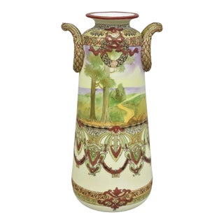 Antique Nippon Hand Painted Porcelain Countryside Moriage Tall Twin Handle Vase For Sale