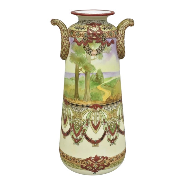 Antique Nippon Hand Painted Porcelain Countryside Moriage Tall Twin Handle Vase For Sale