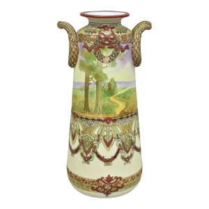 Antique Nippon Hand Painted Porcelain Countryside Moriage Tall Twin Handle Vase