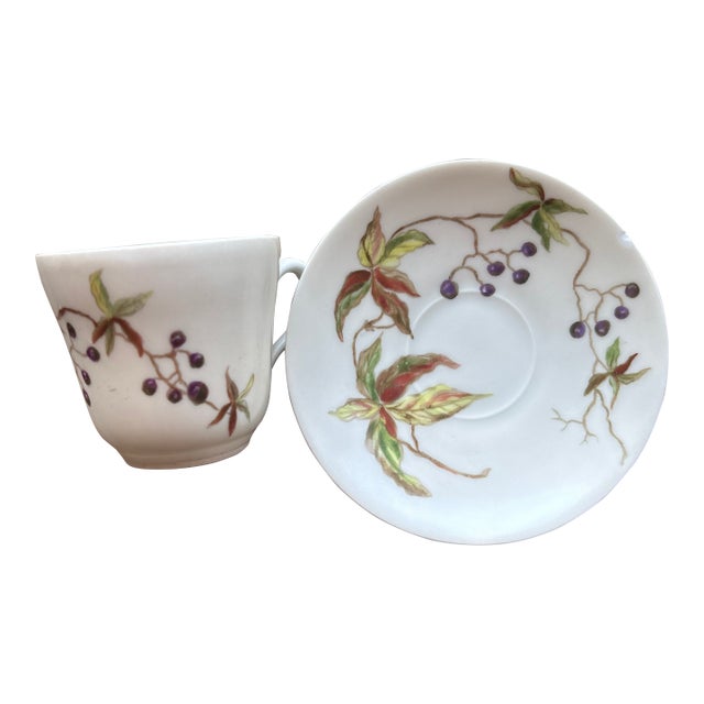 Circa 1770 Antique Bow Porcelain Tea Cup and Saucer With Hand Painted Designer Mark For Sale