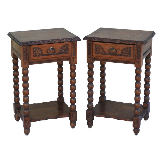Neo-Basque Carved Oak Single Drawer Nightstands by Charles Dudouyt, France, 1930s, Set of 2 For Sale