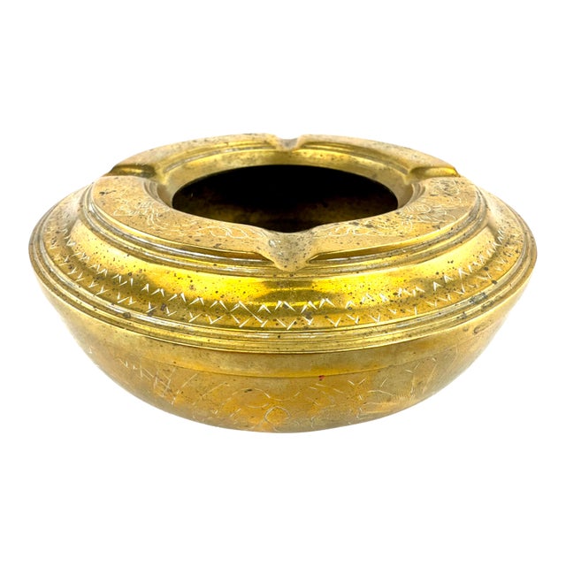 Mid-Century Hand-Etched Brass Ashtray With Floral Motif For Sale