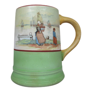 Antique La Francaise Porcelain Yellow & Green 4.5" Mug W/ Dutch Scene