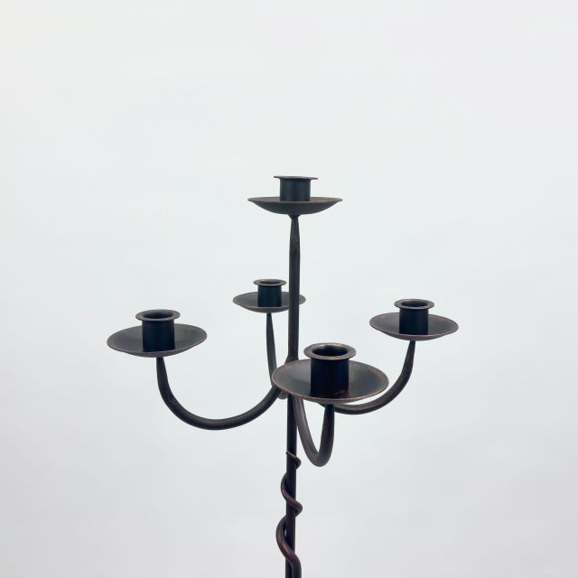 Hand Forged Iron Floor Candelabra 49″ (124cm) Antique Copper Patina 5-Arm Spiral Vine Stem Candle Holder Gothic Decor For Sale - Image 4 of 10