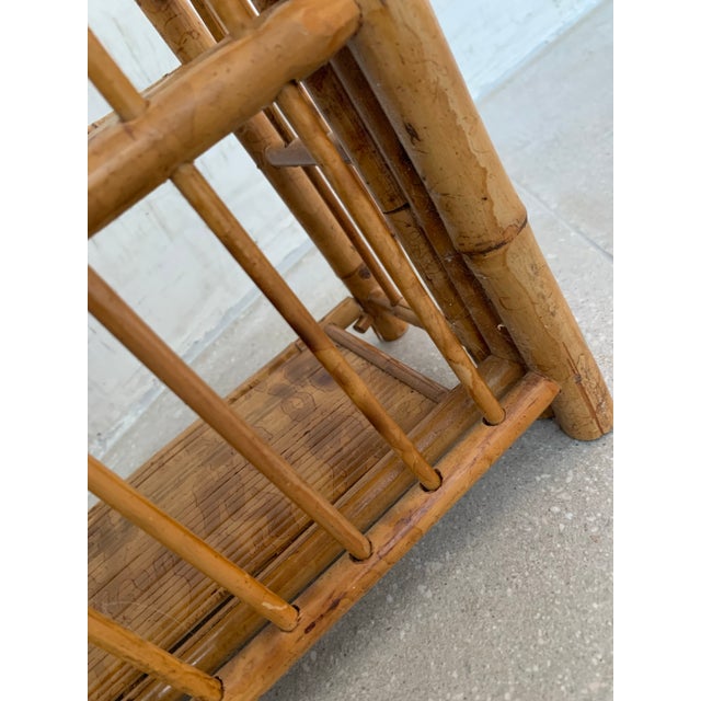 Vintage 1970’s 'Scorched Tortoise' Bamboo, Rattan Petite Folding 2-Tier Etagère For Sale - Image 11 of 12