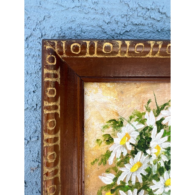 Mid-Century Modern Mid Century Floral Daisy Painting in Wood Frame Signed For Sale - Image 3 of 6