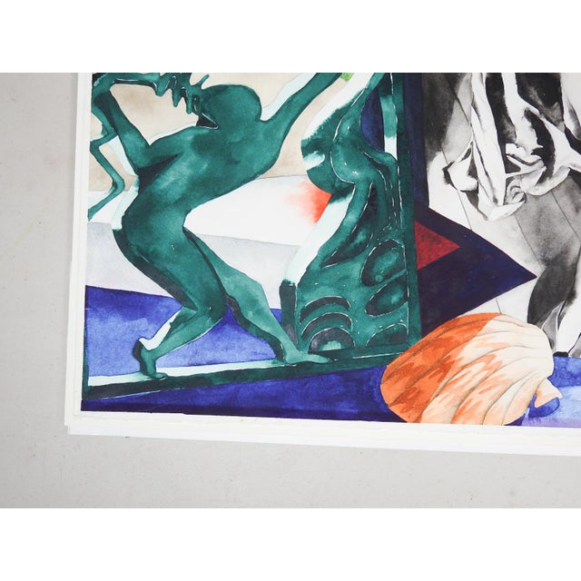 Art Deco 1989 Surreal Female Nude Flowers and Ocean Watercolor Painting For Sale - Image 3 of 7