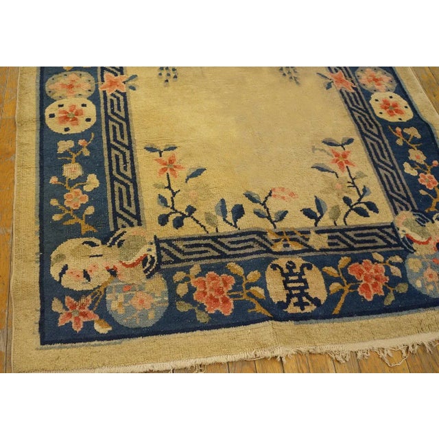Textile 1920s Beige Floral Shou Antique Chinese Rug 4' 2'' X12' 0'' Knotted Wool Carpet For Sale - Image 7 of 10
