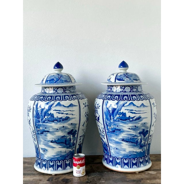 Ceramic Vintage Boho Monumental Blue and White Lidded Ginger Jars - A Pair For Sale - Image 7 of 8