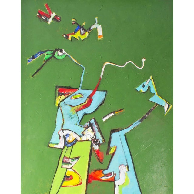 An acrylic on paper painting by the American artist James L. Bruch (1942-2023). This vibrant work has a bright green...