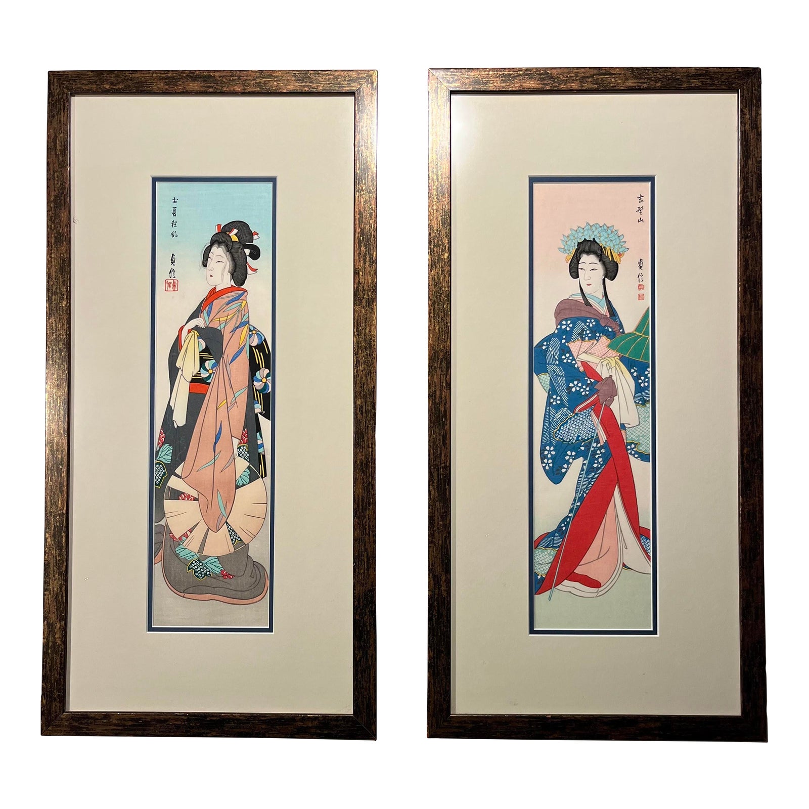 Set of Two Vintage Japanese Geishas Woodblock Prints Signed | Chairish