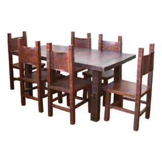1980s Brazilian Leather and Wood Dining Set - Table and 6 Chairs For Sale