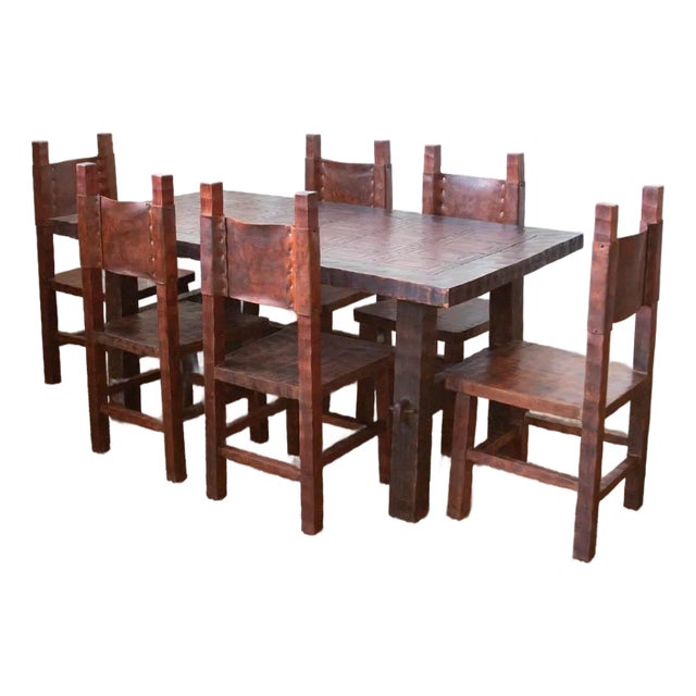 1980s Brazilian Leather and Wood Dining Set - Table and 6 Chairs For Sale