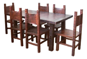 1980s Brazilian Leather and Wood Dining Table + 6 Chairs