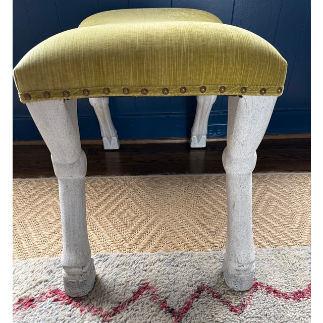 Interesting stool with chartreuse chenille seat, nailhead trim surround, and a white painted horse leg base. A couple of...