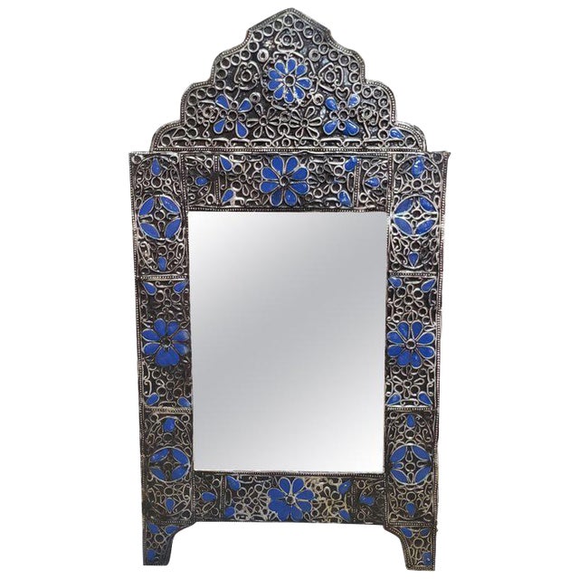 Moroccan Ultra Arched Metal Inlaid Mirror Rabat Dark Blue Motif Chairish