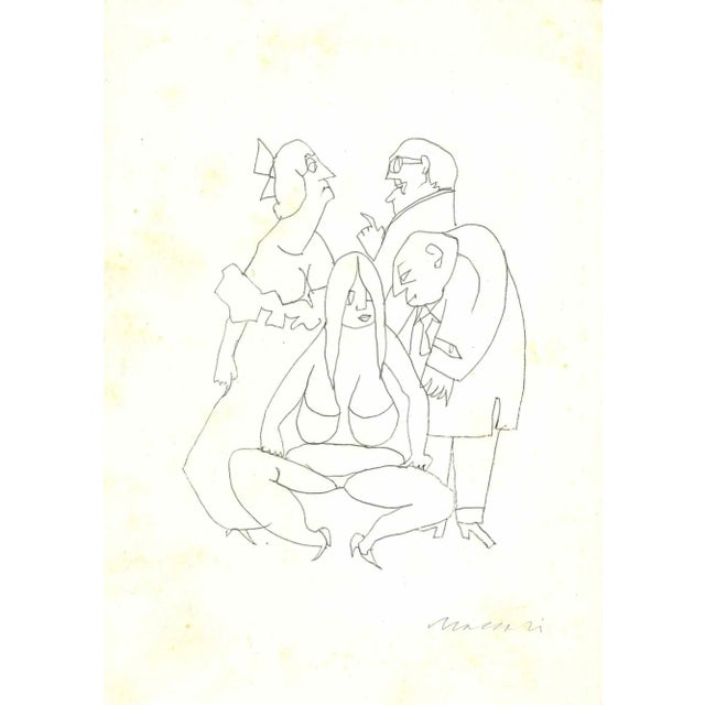 Figures is a pen Drawing realized by Mino Maccari (1924-1989) in the Mid-20th Century. Hand-signed on the lower. Good...