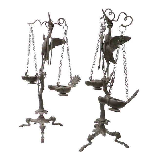 19th C. Grand Tour Candlesticks Bronze Heron Oil Lamps Made in Italy For Sale - Image 15 of 18