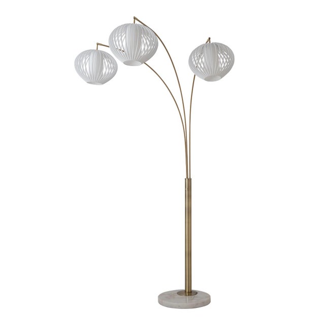 1990s 1990s Bloom 3-Light Arc Floor Lamp - Weathered Brass, White Marble Base, White Satin Shade, Dimmer Switch For Sale - Image 5 of 9