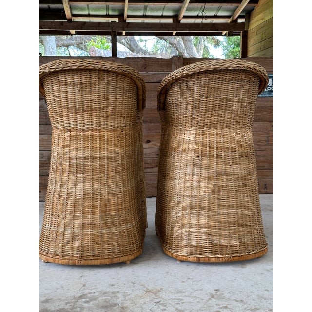 Boho Chic Pair 1980’s Coastal Large Braid Rattan Bar Stools For Sale - Image 3 of 11
