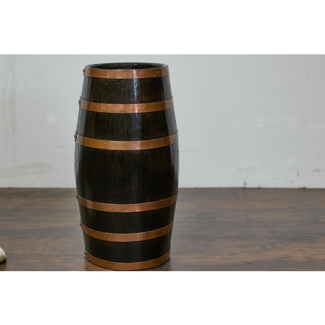 English Wooden Barrel, Copper Braces, Royal Coat of Arms Transfer, Circa 1900 For Sale - Image 12 of 12