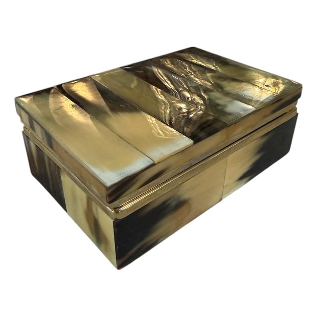 Vintage Horn Veneer Jewelry Box With Brass Trim For Sale