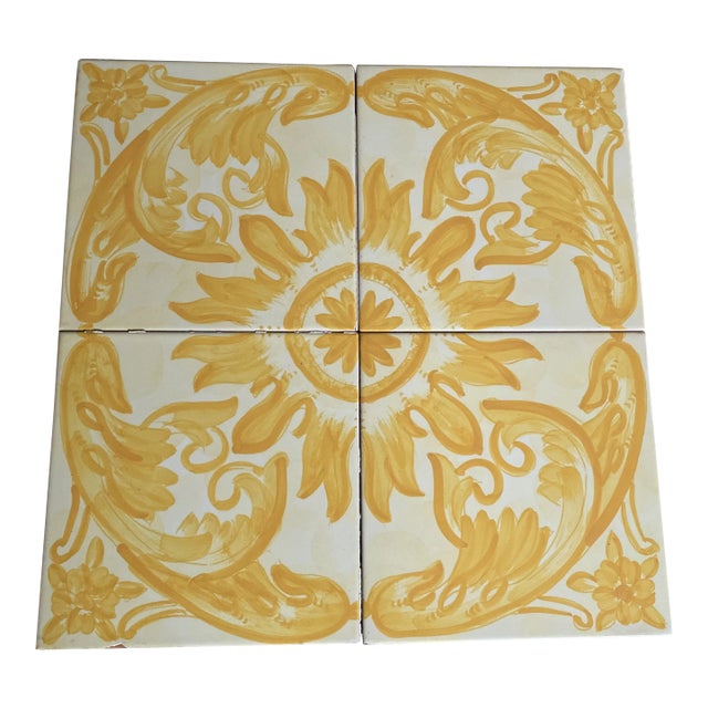Vintage Italian Terra-Cotta Hand Painted Glazed Tiles - Set of 4 For Sale