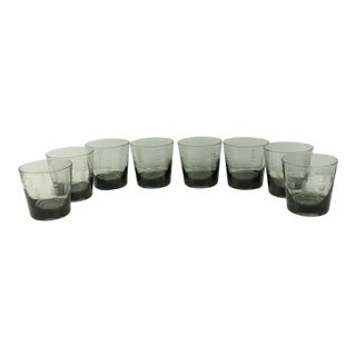 1970s Smoked Mid Century Modern Geometric Etched Old Fashioned Drinking Glasses - Set of 8 For Sale