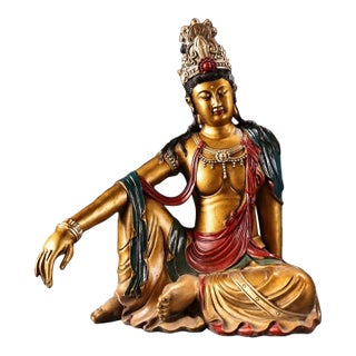 Late 19th Century Polychrome Bronze Guanyin Statue, Seated Bodhisattva, 2.25kg For Sale