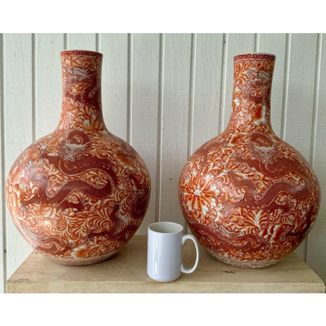 Late 20th Century Pair of Oversized Green Eyed Red Dragon Five Fingered Claws Chinese Vases For Sale - Image 5 of 10